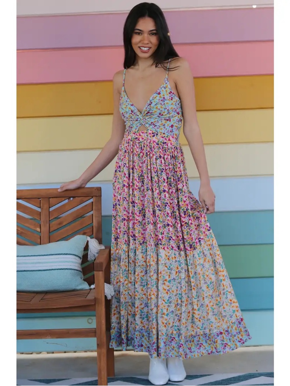 Angie Boho Floral Spaghetti-Strap Maxi Dress in Pastel Multi